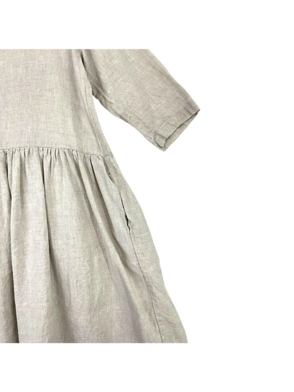 Len Ok Linen Dress Womens XL Beige 3/4 Sleeve Trapeze Swing Midi Pockets - Picture 2 of 12